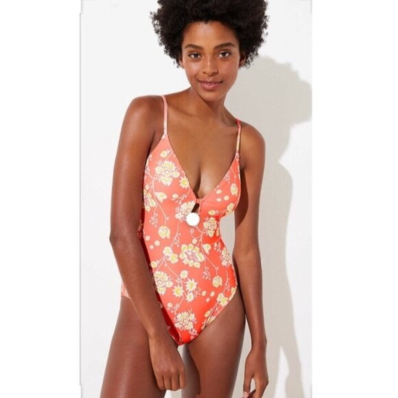 LOFT Beach Coral with Flowers One Piece Swimsuit, Large, NWOT - Picture 3 of 11